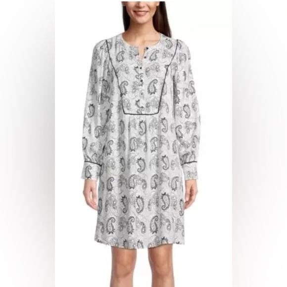 LOFT Peasant Style Paisley Print Dress Size L White w Black Design Oversized - Picture 1 of 11